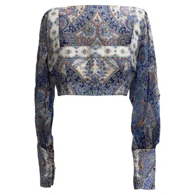 Zimmermann Paisley-print Long Sleeve Cropped Top In Multicolor Linen In Blue