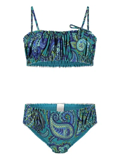 Zimmermann Kids' Paisley-print Ruffled Bikini In Blue