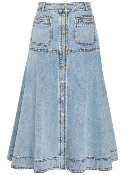 Zimmermann Panelled Denim Midi Skirt In Blue