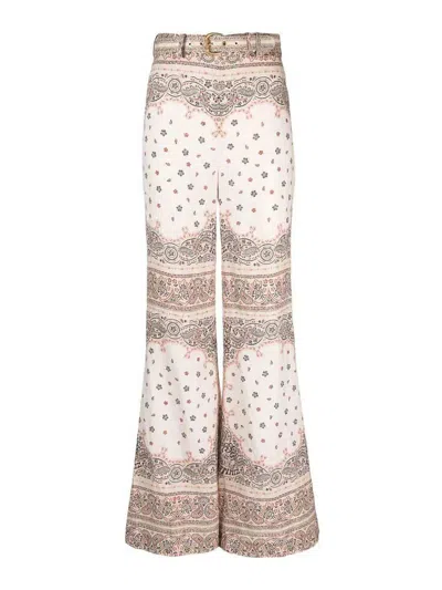 Zimmermann Belted Paisley-print Linen Flared Pants In Multi