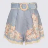 Zimmermann Cascadian Belted Lace-trimmed Pleated Floral-print Linen Shorts In Blue