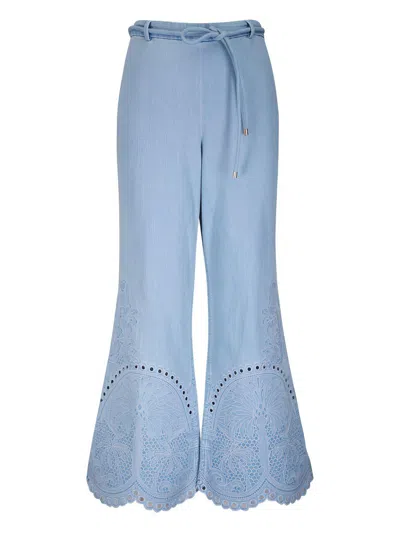 Zimmermann Pantaloni Lunghi Con Ricamo Sul Fondo  In Blue
