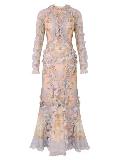 Zimmermann Pastel Floral Linen-silk Day Dress In Gray