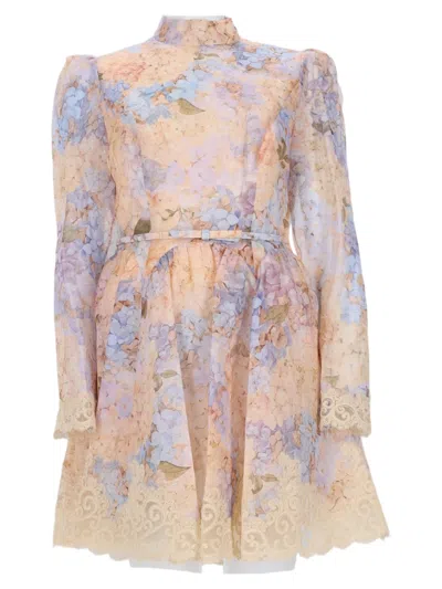 Zimmermann Pastel Floral Mini Dress With Lace Detailing In Multi