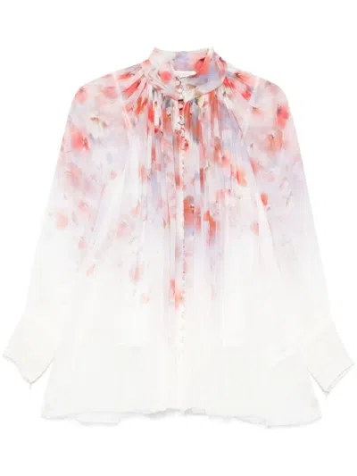 Zimmermann Pastel Floral Shirt With Pleated Design And High Neckline