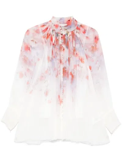 ZIMMERMANN ZIMMERMANN PASTEL FLORAL SHIRT WITH PLEATED DESIGN AND HIGH NECKLINE