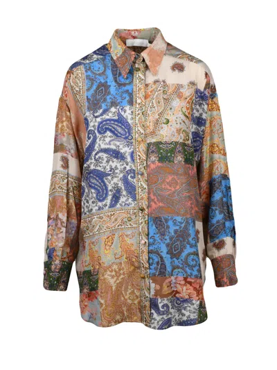 Zimmermann Patchwork Paisley Silk Shirt With Classic Collar And Button-down Front In Multi
