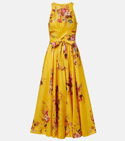 Zimmermann Patience Floral Cutout Linen Midi Dress In Yellow