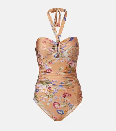 Zimmermann Patience Ruched Floral-print Halterneck Swimsuit In Multi