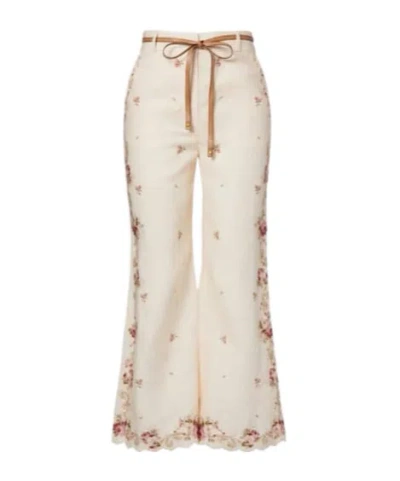 Zimmermann Patience Floral Linen Flared Pants In White