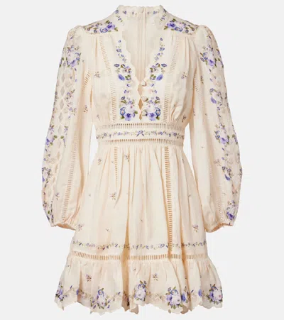 Zimmermann Womens Cream Purple Rose Patience Plunge Linen Mini Dress In Multi