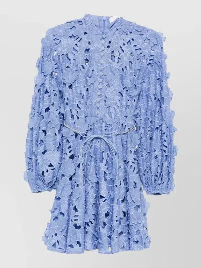 Zimmermann Patience Long Sleeve Lace Belted Mini Dress In Blue