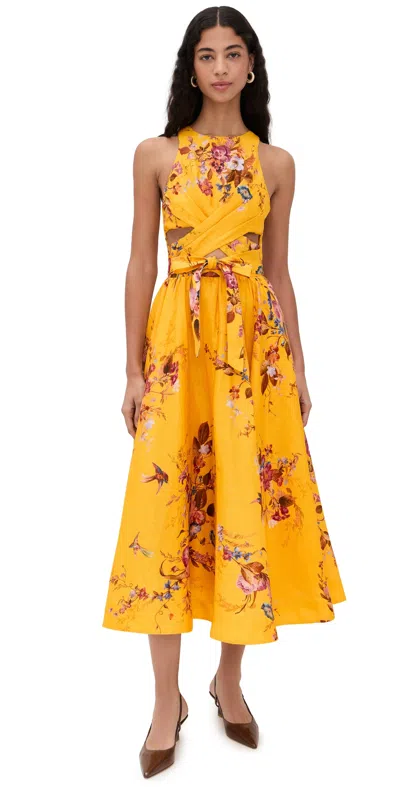 Zimmermann Patience Floral Cutout Linen Midi Dress In Yellow