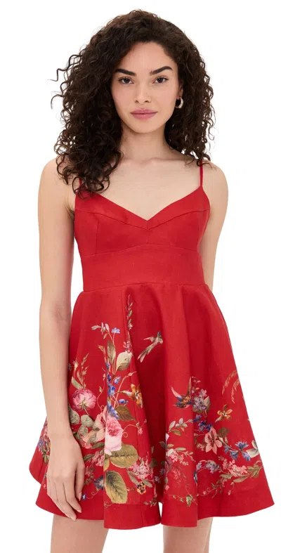 Zimmermann Patience Dress Floral Skirt Sweetheart Neckline In Red