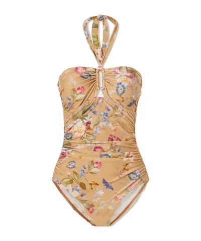 Zimmermann Patience Pleated Floral Print Swimsuit In Brown