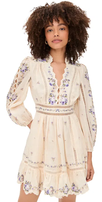 Zimmermann Womens Cream Purple Rose Patience Plunge Linen Mini Dress In Multi