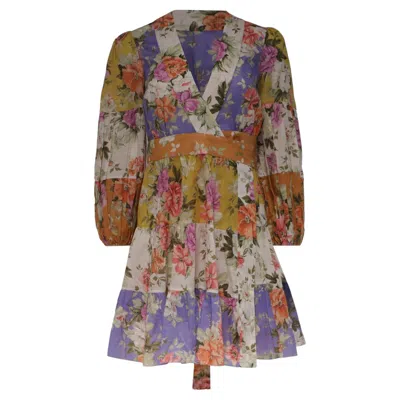 Pre-owned Zimmermann Pattie Belted Voile Wrap Mini Dress In Floral-print Cotton In Brown
