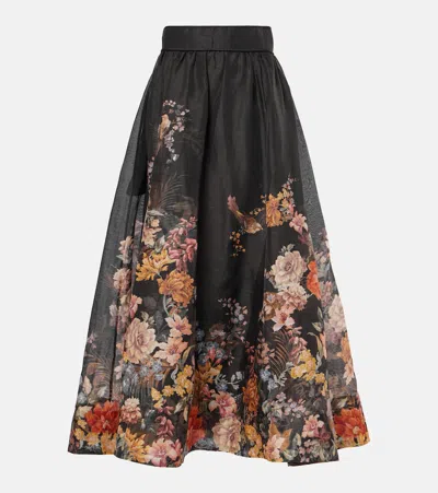 Zimmermann Crush Floral Flared Midi Skirt In Black