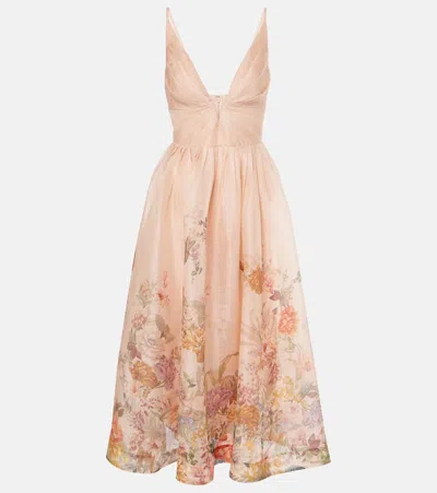 Zimmermann Matchmaker Floral Linen Midi Dress In Buff Coral Floral