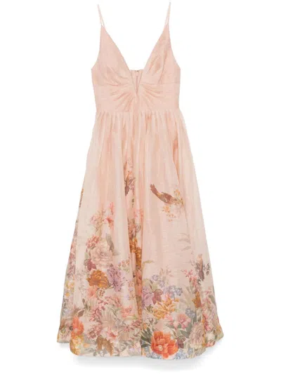 Zimmermann Floral Linen Midi Dress With Adjustable Straps And Pockets For Women In Pink