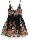 Zimmermann Pavilion Pleated Floral-print Linen And Silk-blend Mini Dress In Black