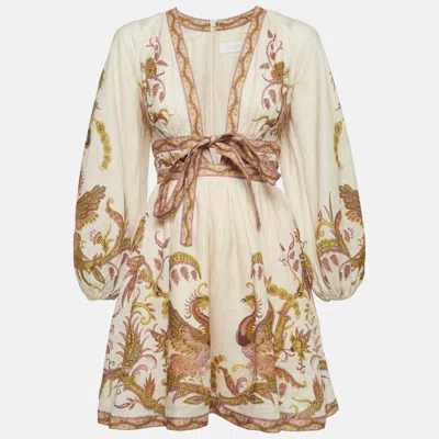 Pre-owned Zimmermann Peach Pink Printed Linen Mini Dress Xs