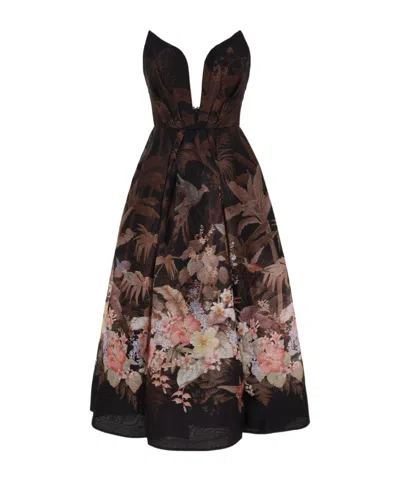Zimmermann Illuminate Draped Midi Dress In Black Tropical
