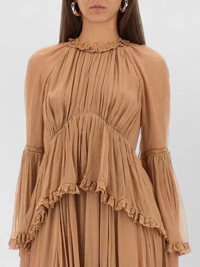 Zimmermann Peplum Dress High Neckline Flared Sleeves Ruffles In Brown