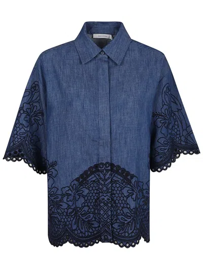 Zimmermann Denim Shirt With Floral Embroidery And Collared Neck In Blue
