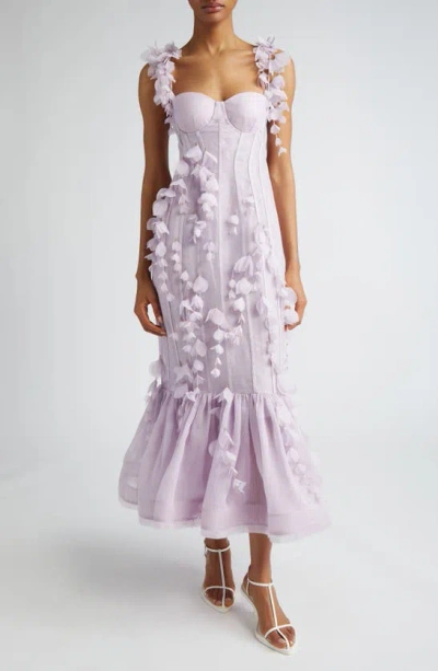 Zimmermann Floral-appliqué Linen And Silk Bustier Gown In Purple