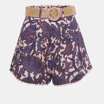 Pre-owned Zimmermann Pink Bead Embellished Paisley Print Linen Shorts M