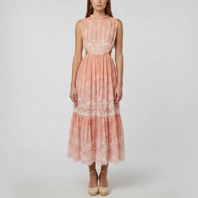 Pre-owned Zimmermann Pink Broderie Anglaise Cotton Cut Out Midi Dress M