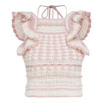 Zimmermann Cropped Ruffled Crocheted Cotton Top In Pink/beige