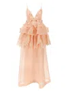 Zimmermann Linen And Silk Long Dress With Embroidered Flounces In Pink