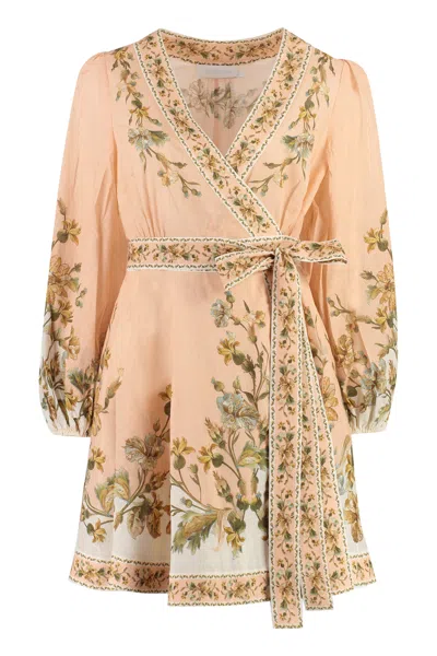 Zimmermann Pink Daisy Floral Mini-dress With Puffed Shoulders And Wrap-around Fastening