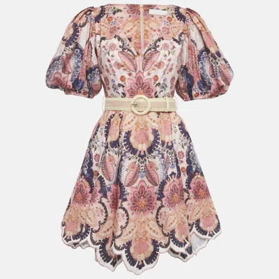Pre-owned Zimmermann Pink Floral Print Linen Belted Laurel Mini Dress S