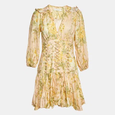 Pre-owned Zimmermann Pink Floral Print Linen Corset Mini Dress M