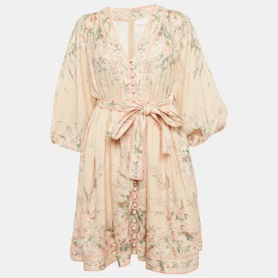 Pre-owned Zimmermann Pink Floral Print Linen Mini Dress L In White