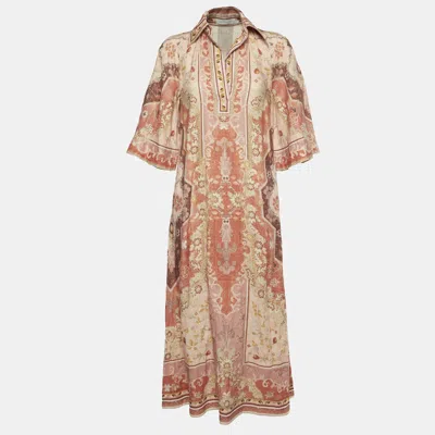 Pre-owned Zimmermann Pink Floral Print Linen Willy Midi Dress S