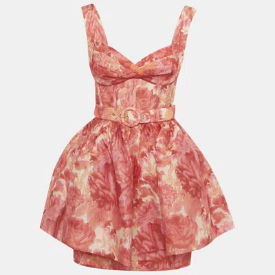 Pre-owned Zimmermann Pink Floral Printed Linen & Silk Belted Mini Dress Xs