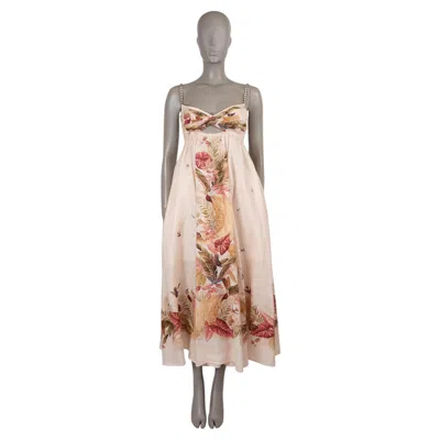 Pre-owned Zimmermann Pink Linen 2025 Ascension Twist Palm Floral Dress 0 Xs