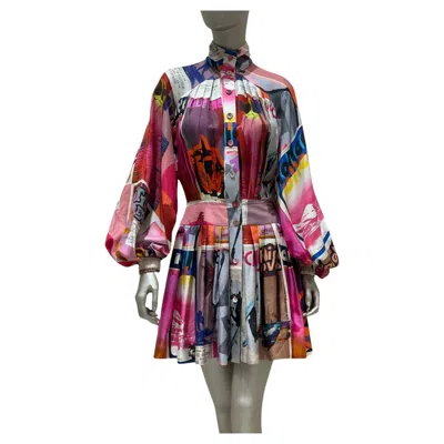 Pre-owned Zimmermann Pink Poster Print Wavelength Mini Dress - Sz 0