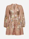 Zimmermann Tallow Pleated Floral-print Linen Mini Dress
