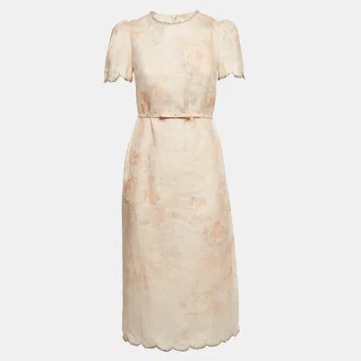Pre-owned Zimmermann Pink Rose Print Linen Crystal Embellished Midi Dress Xs