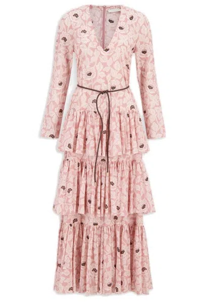 Zimmermann Pink Tiered Ottie Midi Dress