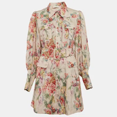 Pre-owned Zimmermann Pink Wavelength Print Linen Belted Mini Dress L