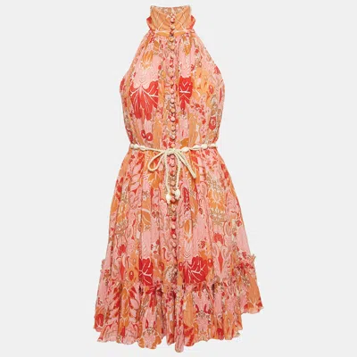Pre-owned Zimmermann Pink/coral Floral Printed Georgette Violet Short Halter Dress S