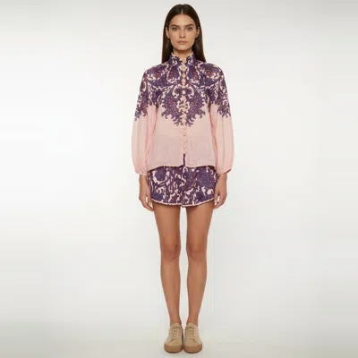 Pre-owned Zimmermann Pink/purple Paisley Print Linen Tiggy Billow Blouse & Short Set S