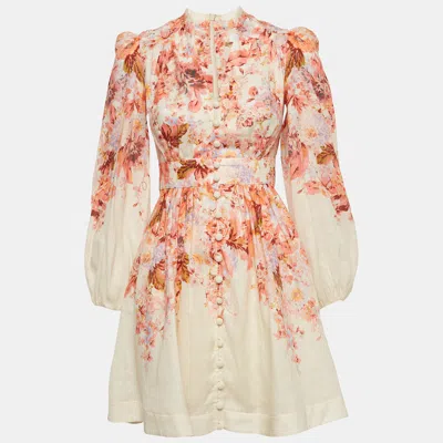 Pre-owned Zimmermann Pink/white Floral Print Linen Devi Plunge Mini Dress S