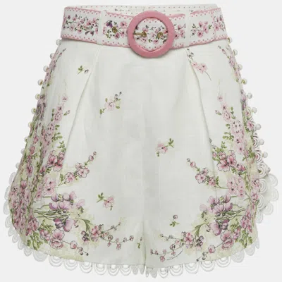Pre-owned Zimmermann Pink/white Floral Print Linen Scallop Shorts M